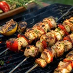 Brochettes de poulet au barbecue avec poivron oignon citron grille et herbes