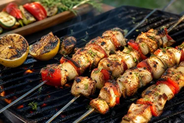 Brochettes de poulet au barbecue avec poivron oignon citron grille et herbes