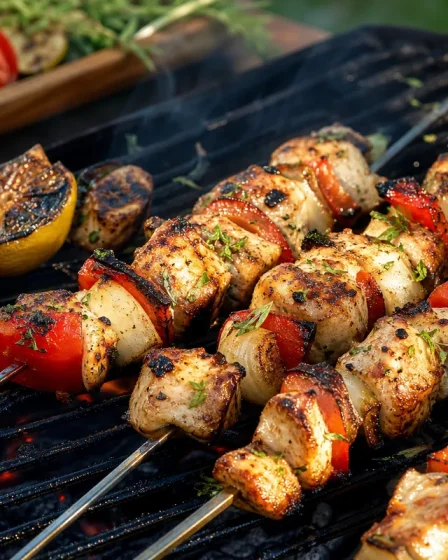 Brochettes de poulet au barbecue avec poivron oignon citron grille et herbes