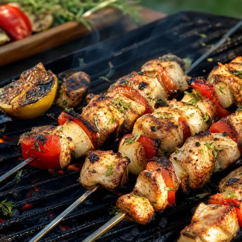 Brochettes de poulet au barbecue avec poivron oignon citron grille et herbes