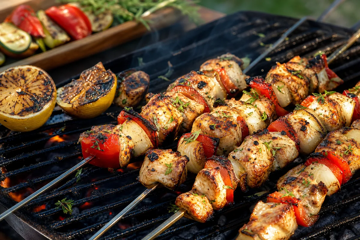 Brochettes de poulet au barbecue avec poivron oignon citron grille et herbes